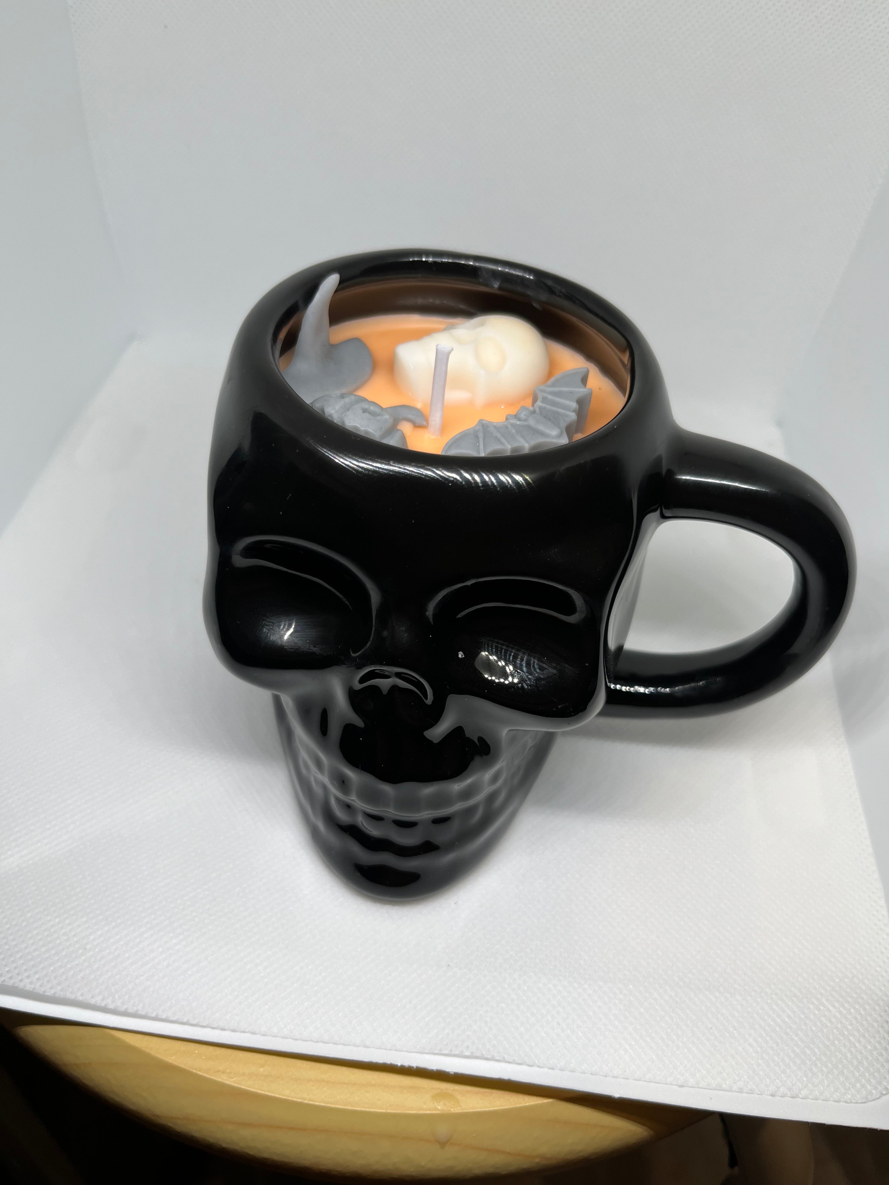 Halloween candle in Spooky mug with cinnamon and pumpkin pie scent and spooky accents