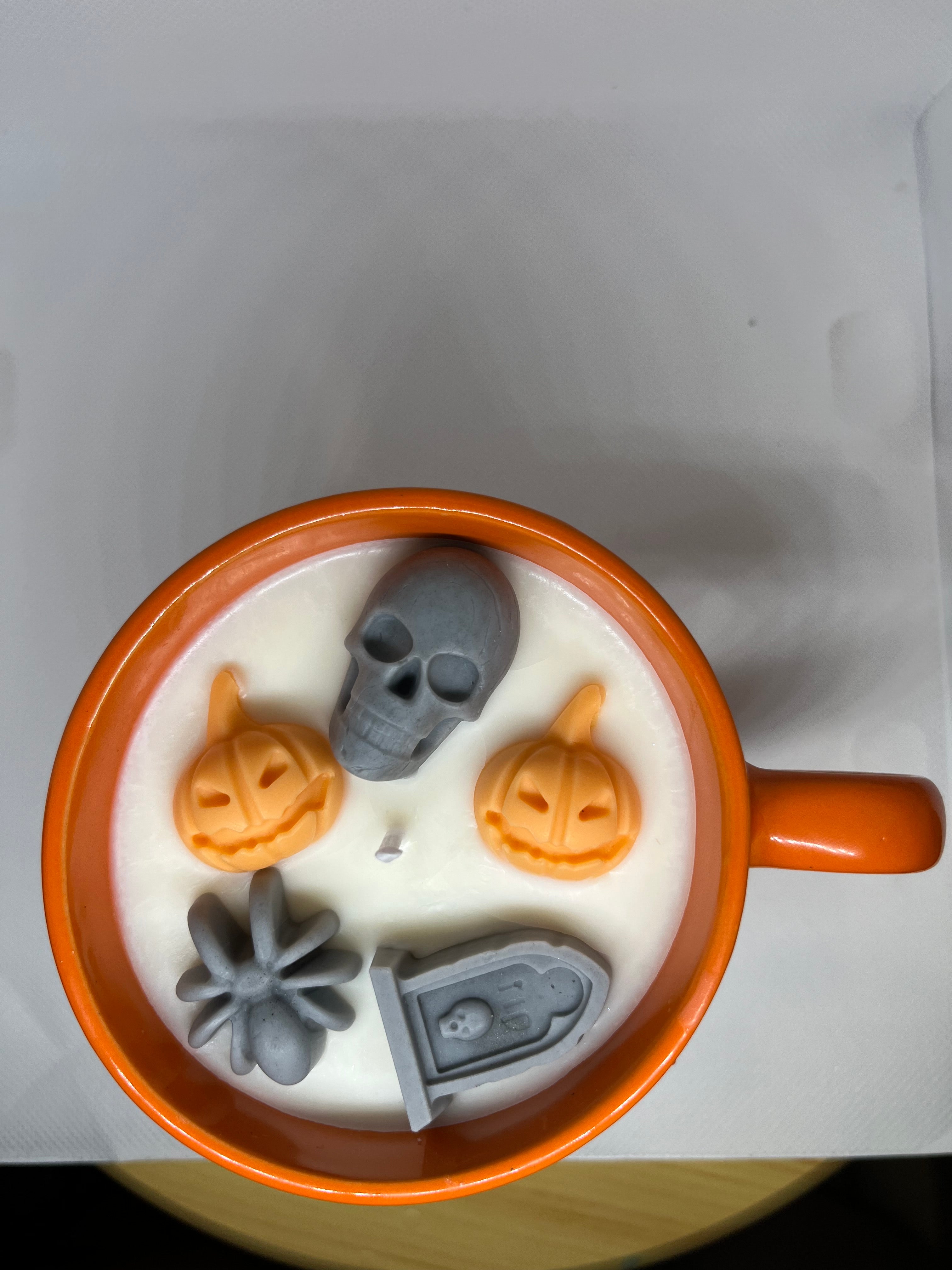Halloween candle in Spooky mug with cinnamon and pumpkin pie scent and spooky accents