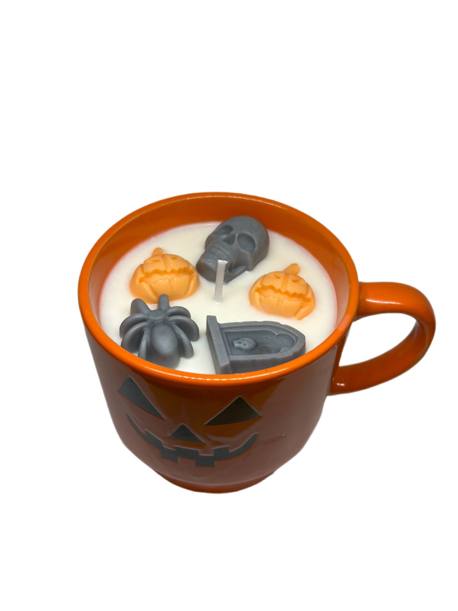 Halloween candle in Spooky mug with cinnamon and pumpkin pie scent and spooky accents
